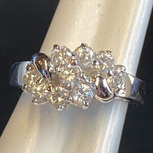 Unmarked Silvertone Size 8 Cubic Zirconium 9 Stone Bypass Cocktail Ring